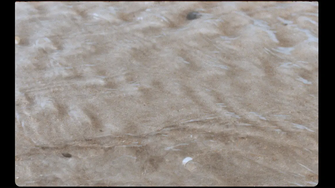 Hoge Blekker: extreme close macro of wet grained sand, thin water rivulets tracing soft ridges across the surface
