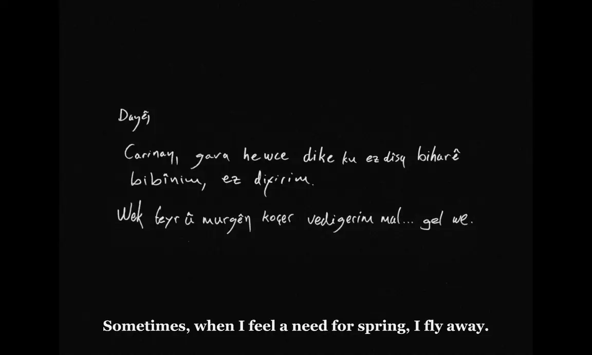 Ever Since, I Have Been Flying: white handwritten Kurdish over black with subtitle about flying away when spring calls