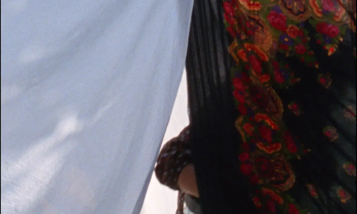 Ever Since, I Have Been Flying: close view of a woman's braid and floral shawl beside a white cloth
