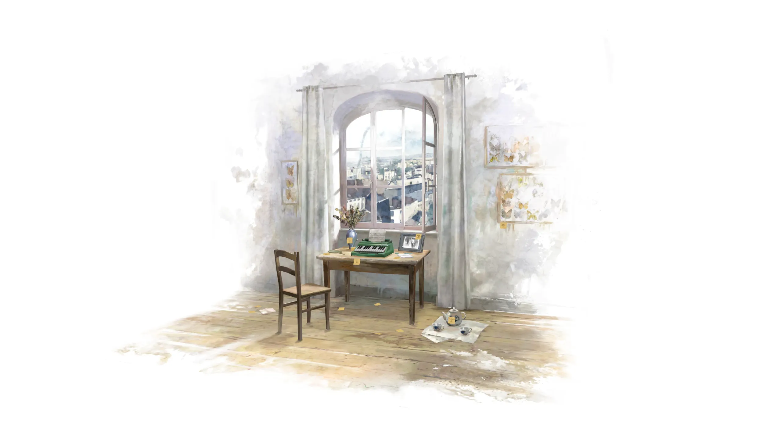 A Long Goodbye: watercolor 3D render of a sunlit apartment corner with wooden table, chair, keyboard and arched window over rooftops