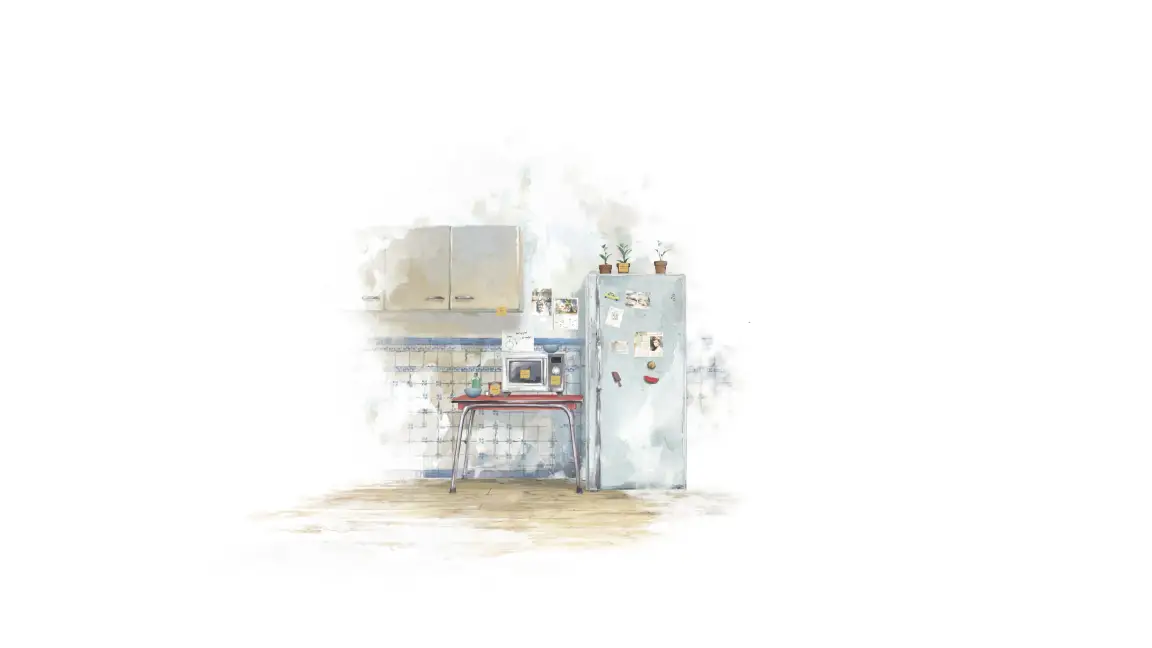 A Long Goodbye: soft painterly 3D render of an old kitchen with a pale fridge covered in photos, a microwave and potted plants