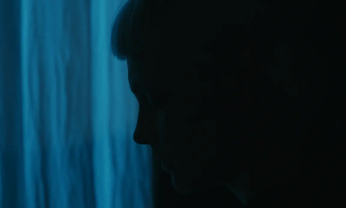 Les Homards Immortels: profile of a woman with a short fringe silhouetted against a blue curtain