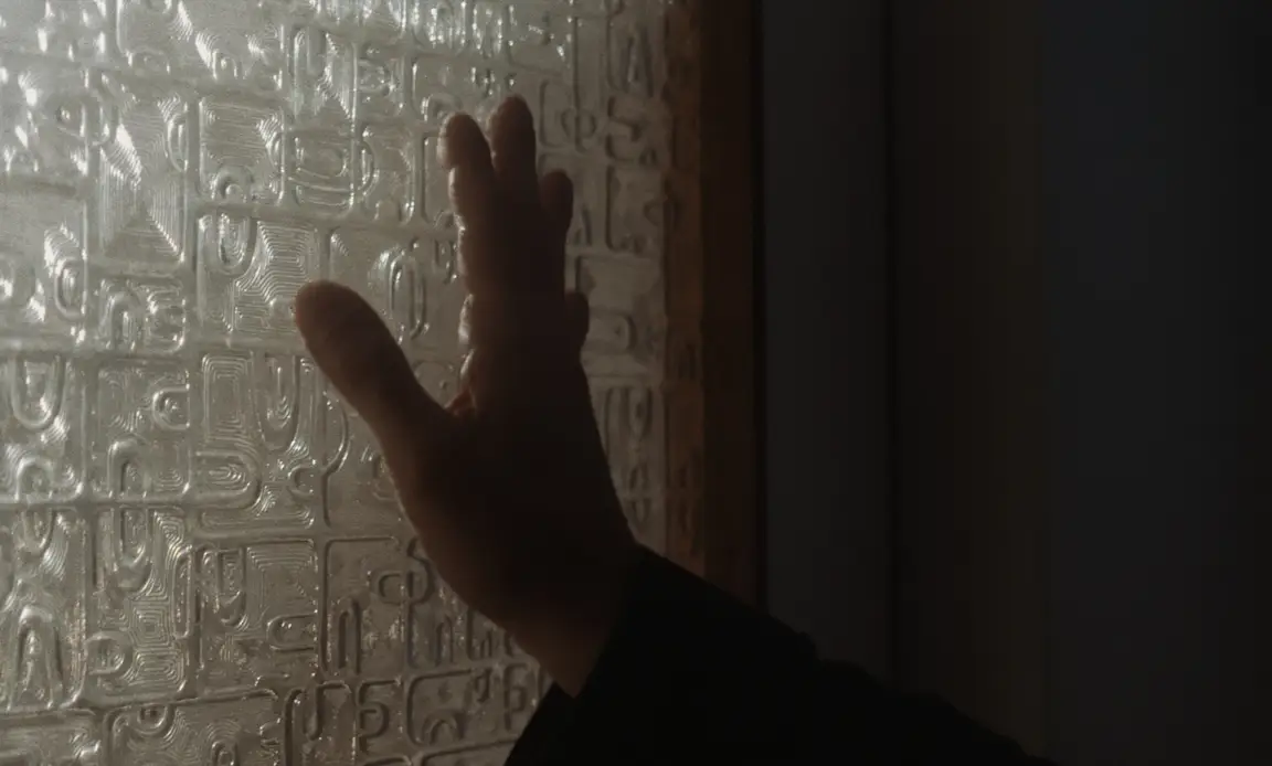 Les Homards Immortels: a hand pressed against a backlit pane of patterned textured glass in shadow