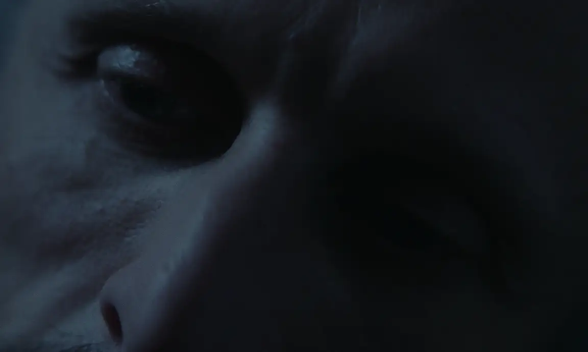 Les Homards Immortels: extreme close-up of a face in blue darkness, one eye catching the light