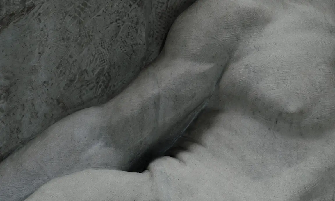 Les Homards Immortels: marble sculpture detail of a muscular arm stretched across a reclining nude torso