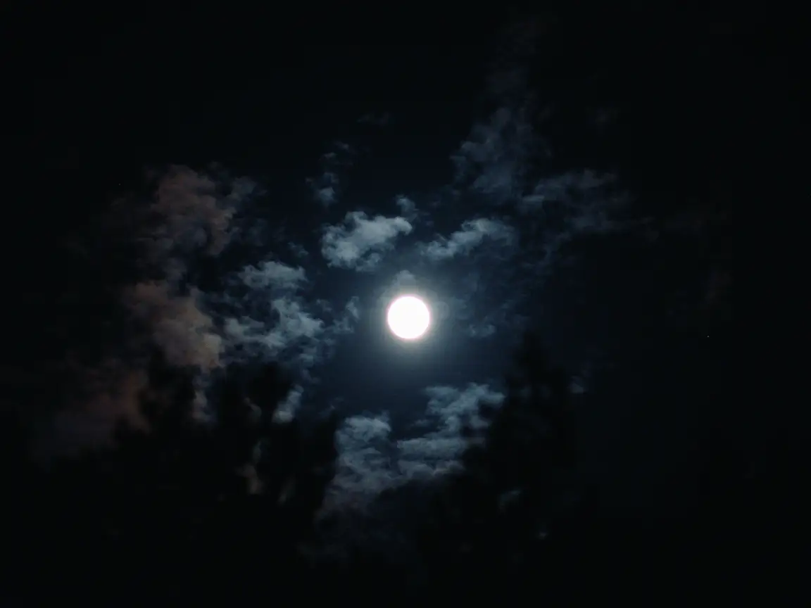 Moonlight Woman: a full moon glows through drifting clouds above dark treetops