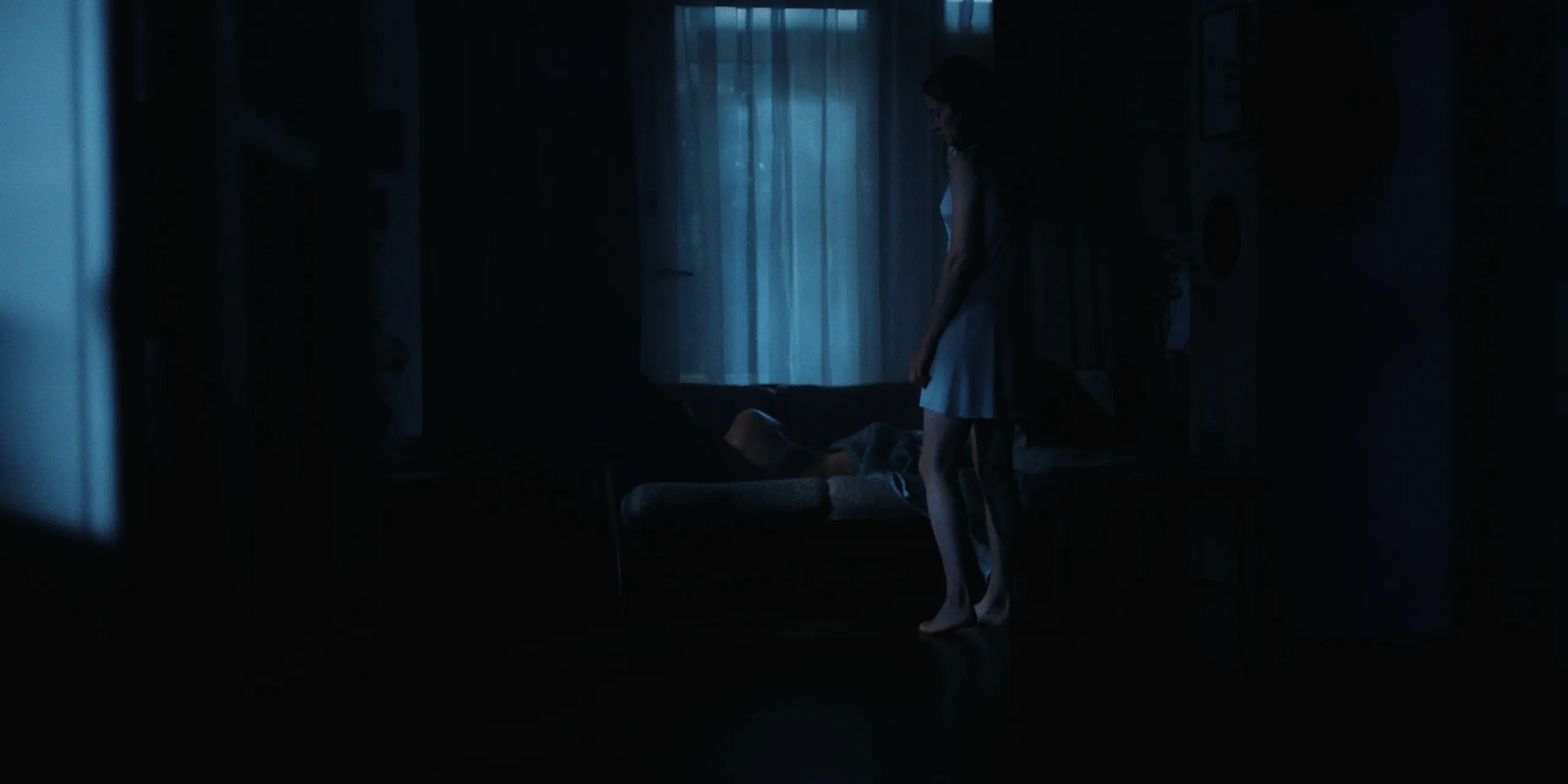 The Tears of Things: a woman in a white slip stands barefoot in a dark blue living room at night