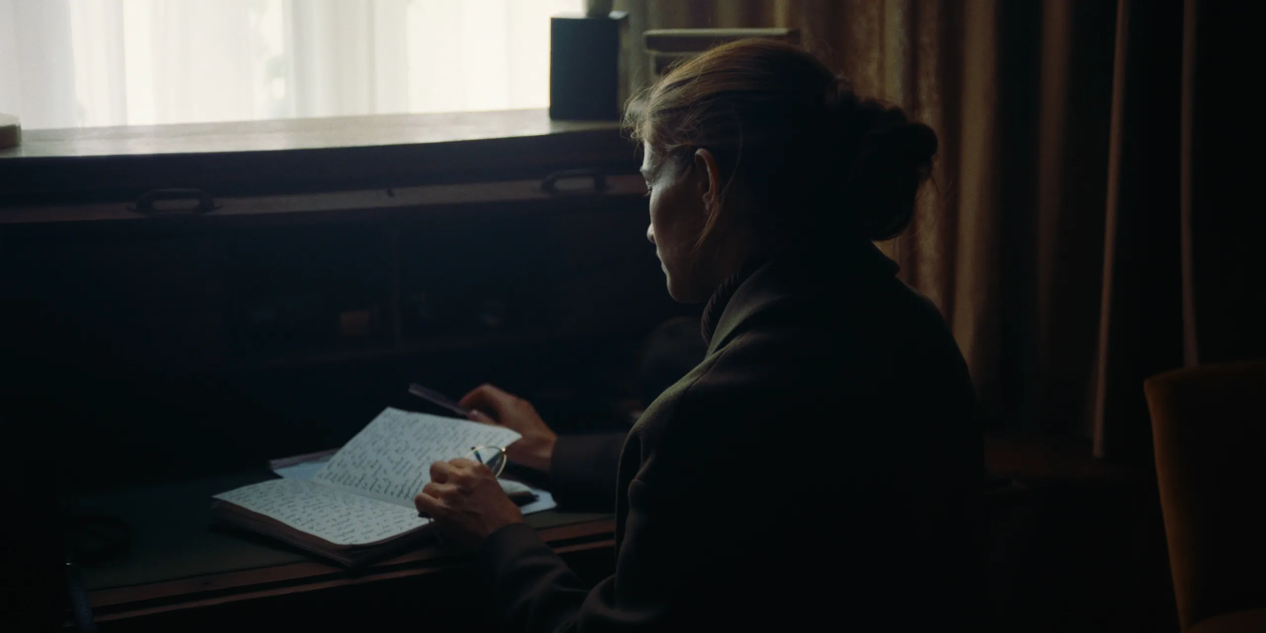 The Tears of Things: a woman sits at a desk writing in her diary by a bright curtained window